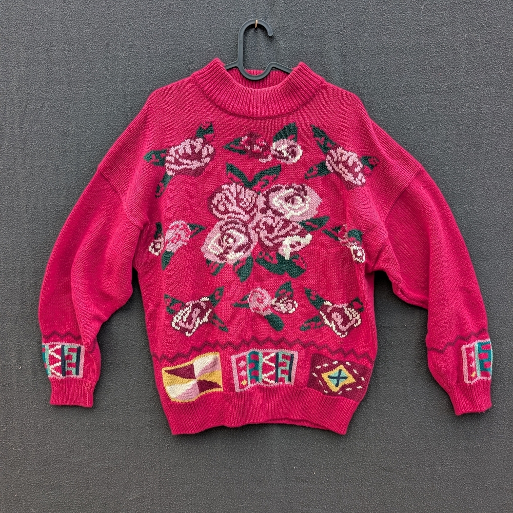 Vintage 80s Pink Floral Knit Sweater By Claire - Size L